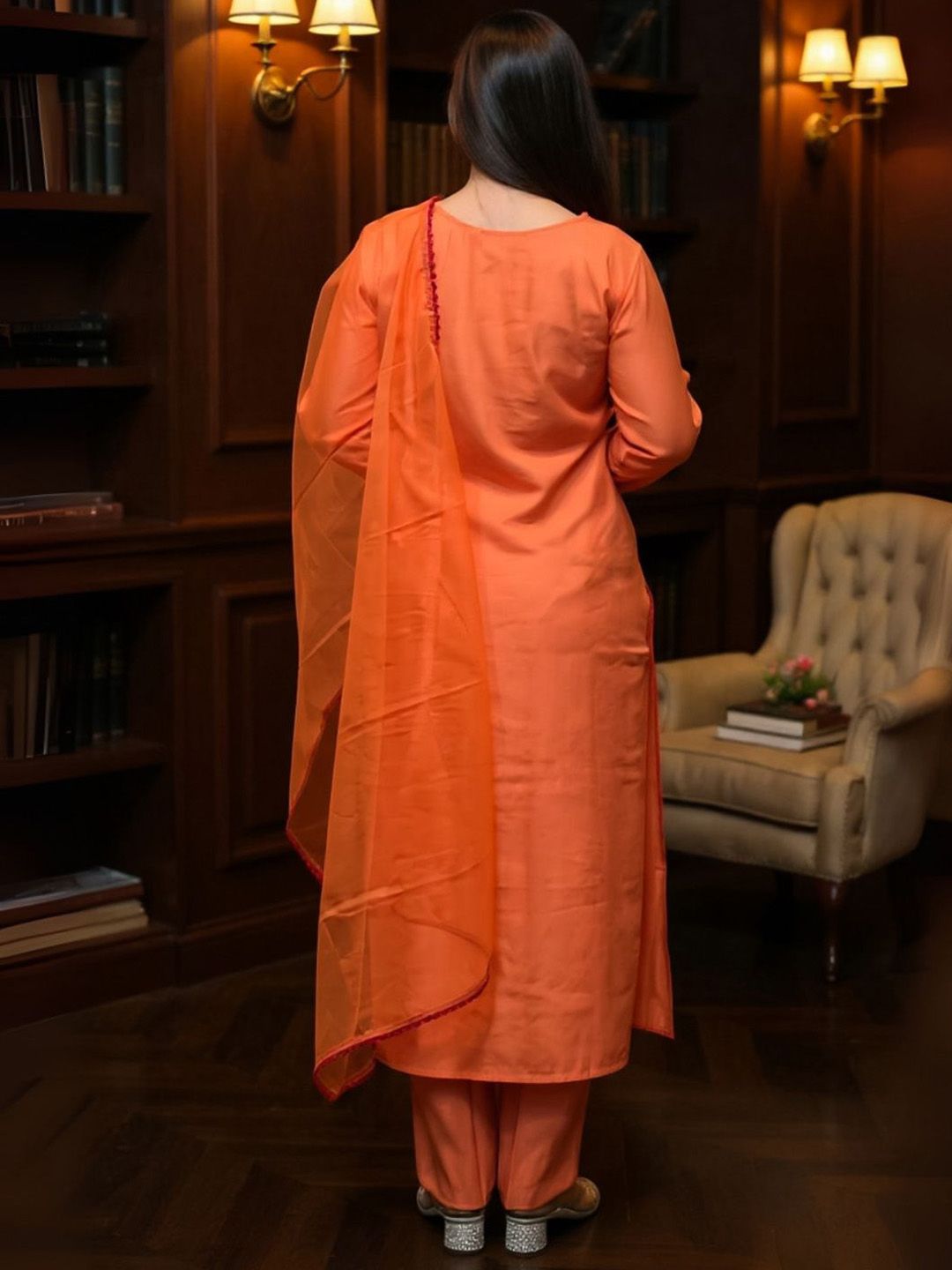 Women Geometric Embroidered V-Neck Mirror Work Kurta with Trousers & Dupatta