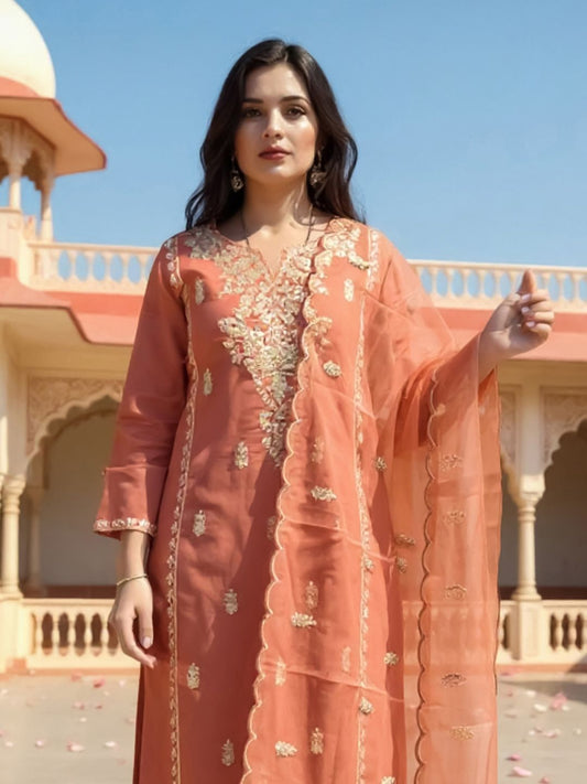 Dhiyona IE Women's Floral Embroidered Thread Work Straight Kurta With Trousers & Dupatta