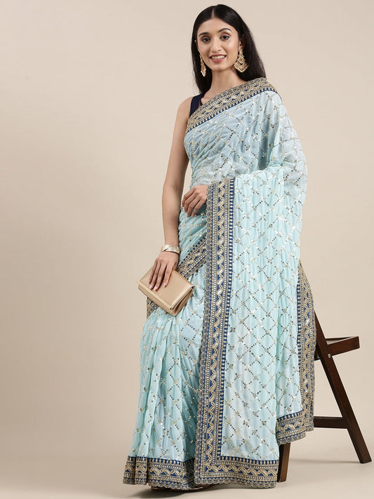 Dhiyona GR Women's Kaaveri Sea Green Heavy Georgette Sequence Embroidered Saree