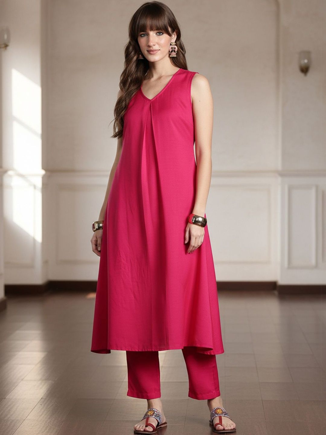Pleated A Line Kurta With Trousers