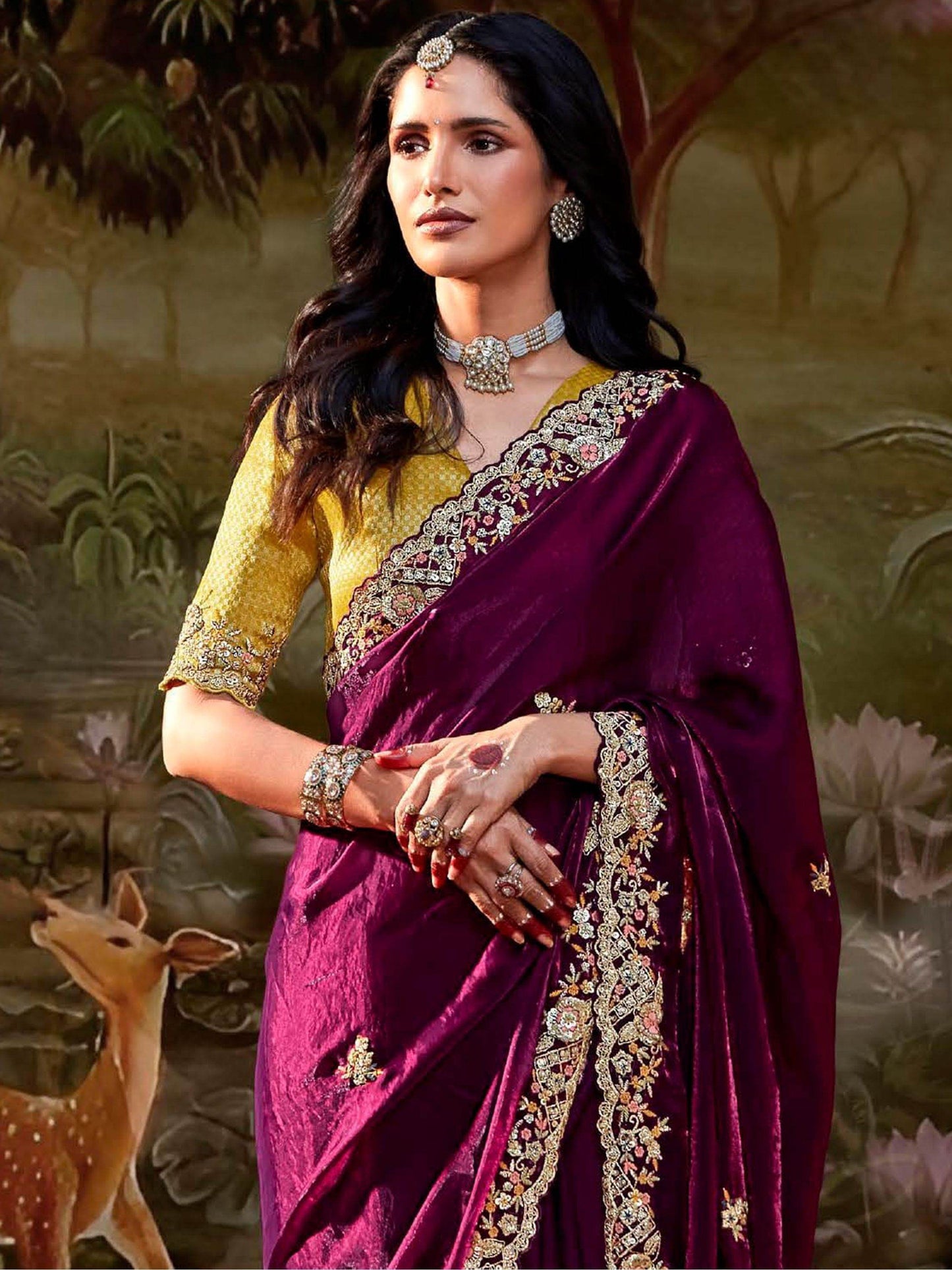Dhiyona KM Women Wine Embroidered Organza Saree