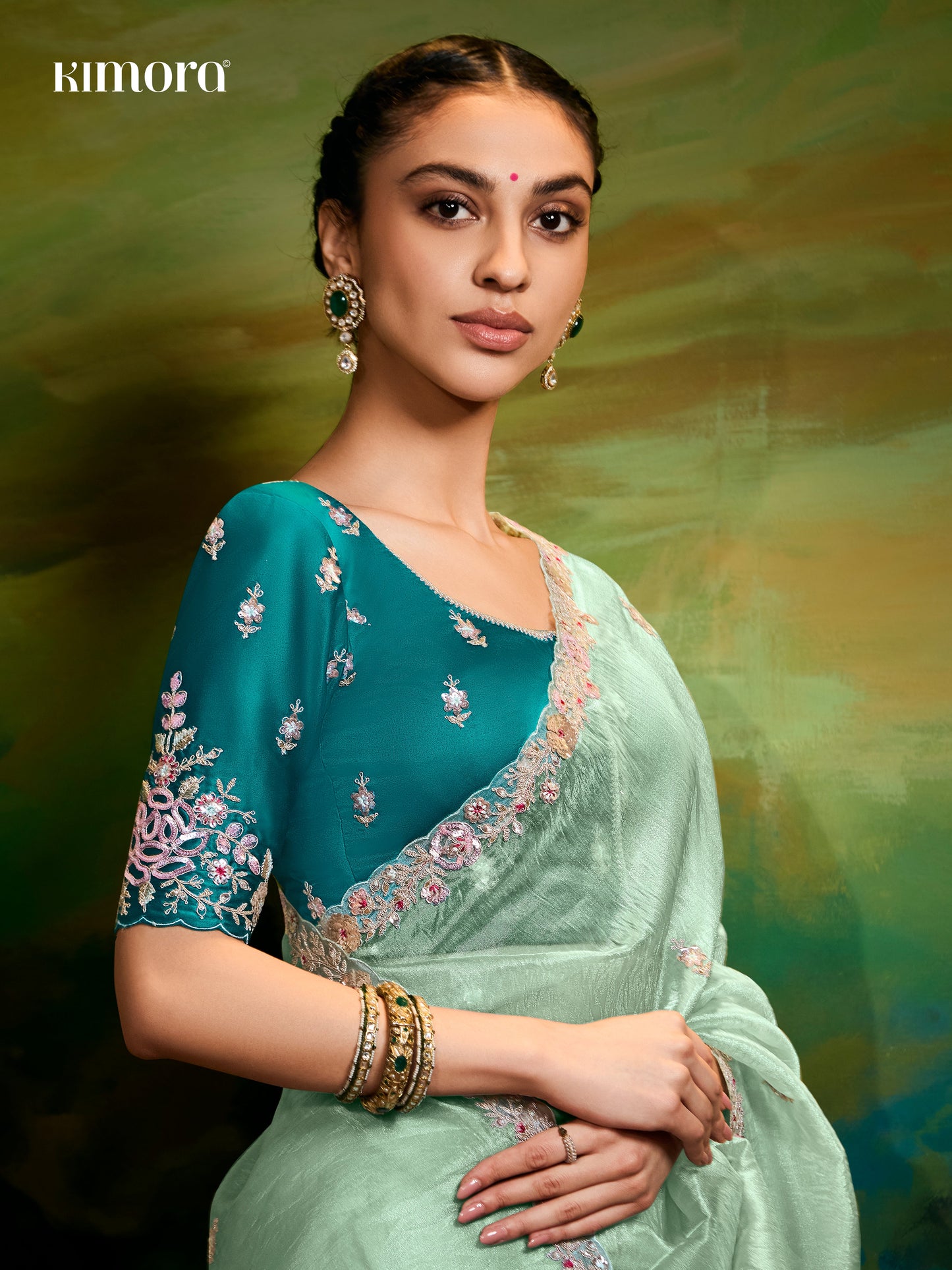 Dhiyona KM Women Elegant Sea Green Pure Tissue Silk Saree With Floral Embroidery