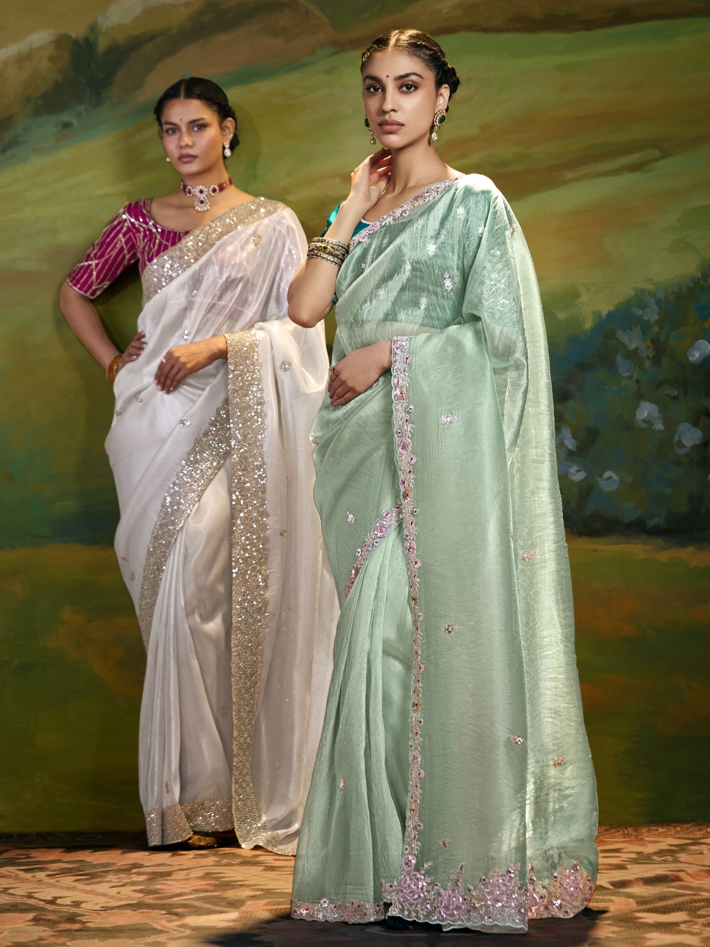 Dhiyona KM Women Elegant Sea Green Pure Tissue Silk Saree With Floral Embroidery