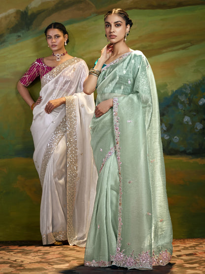 Dhiyona KM Women Elegant Sea Green Pure Tissue Silk Saree With Floral Embroidery