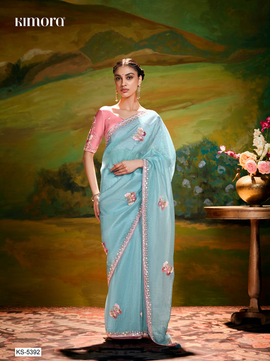 Dhiyona KM Women Aqua Blue Saree With Red Blouse