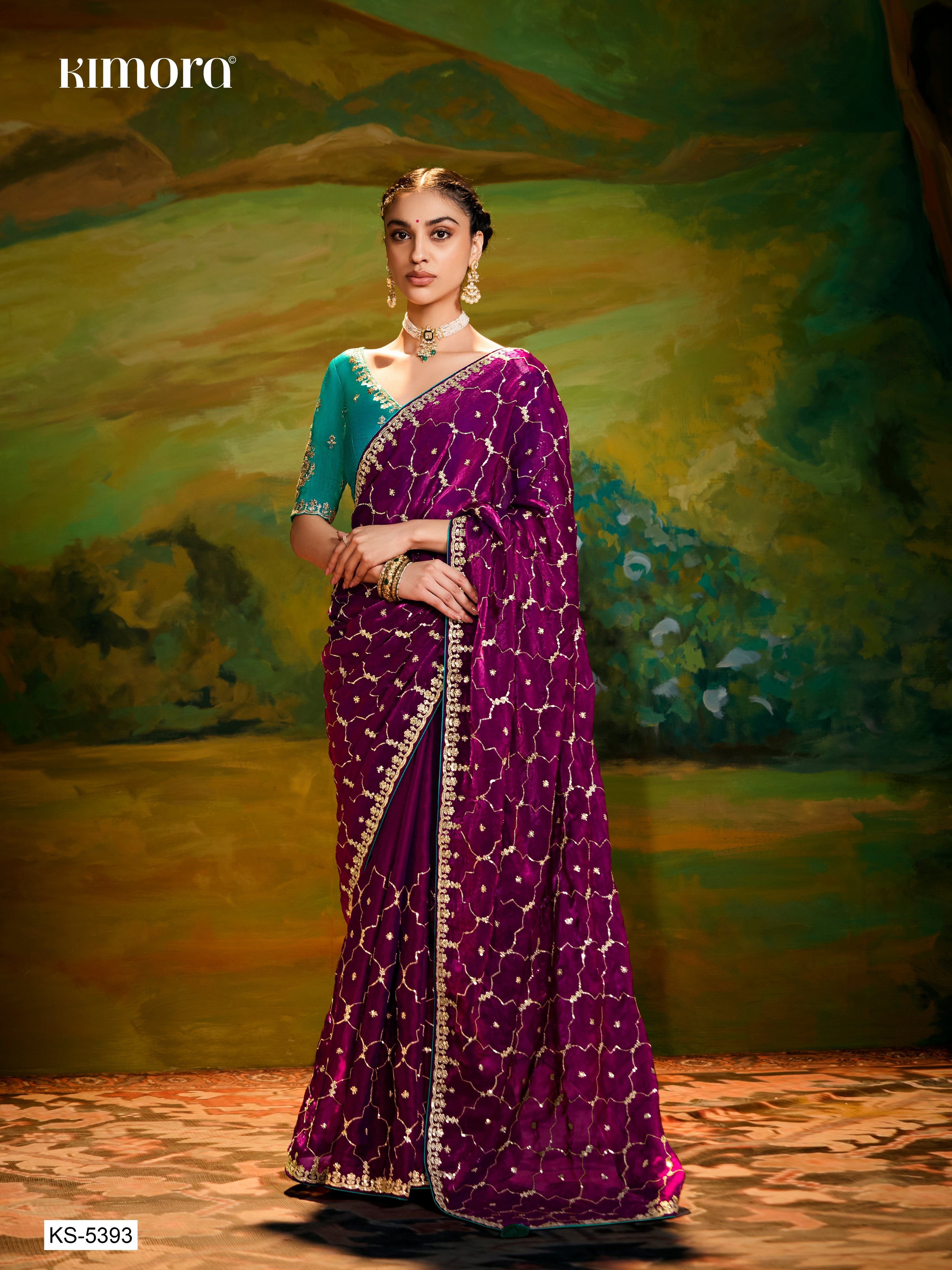 Dhiyona KM Women Maroon Designer Silk Saree With Sequin Work & Teal Blouse