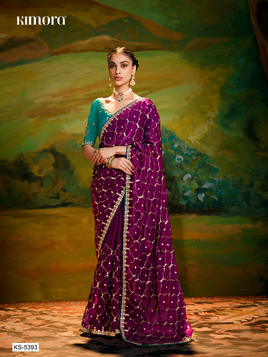 Dhiyona KM Women Maroon Designer Silk Saree With Sequin Work & Teal Blouse