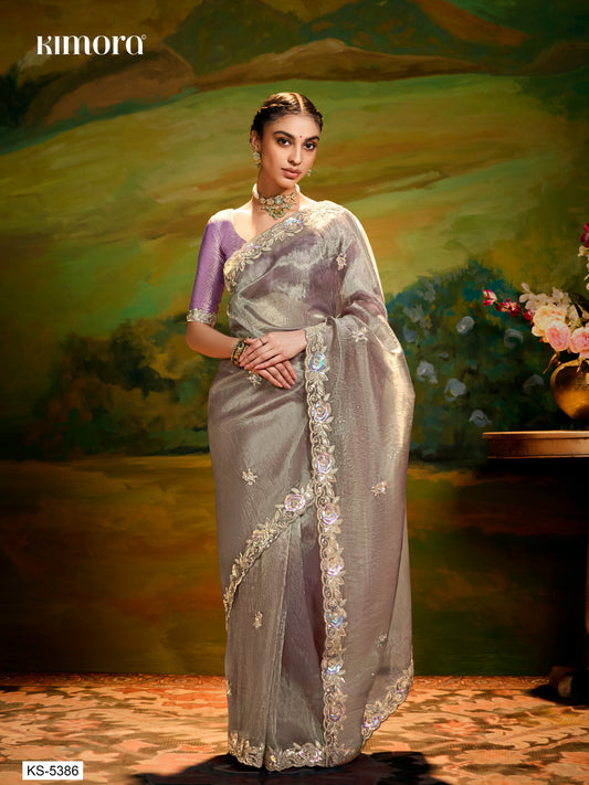 Dhiyona KM Women Graceful Gray Saree With Purple Blouse
