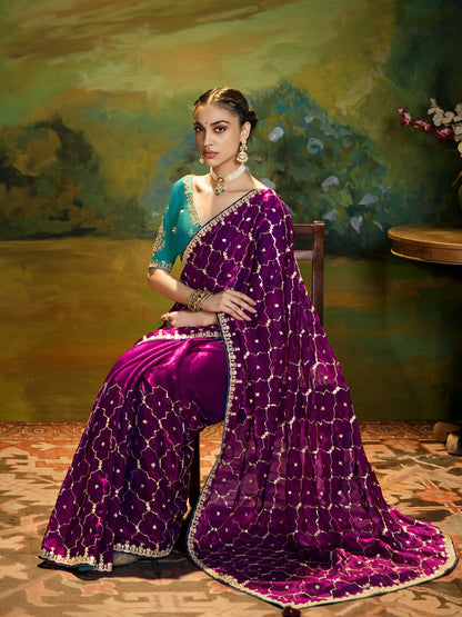 Dhiyona KM Women Maroon Designer Silk Saree With Sequin Work & Teal Blouse
