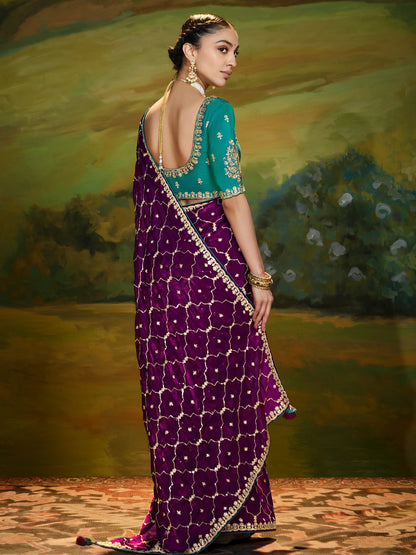 Dhiyona KM Women Maroon Designer Silk Saree With Sequin Work & Teal Blouse