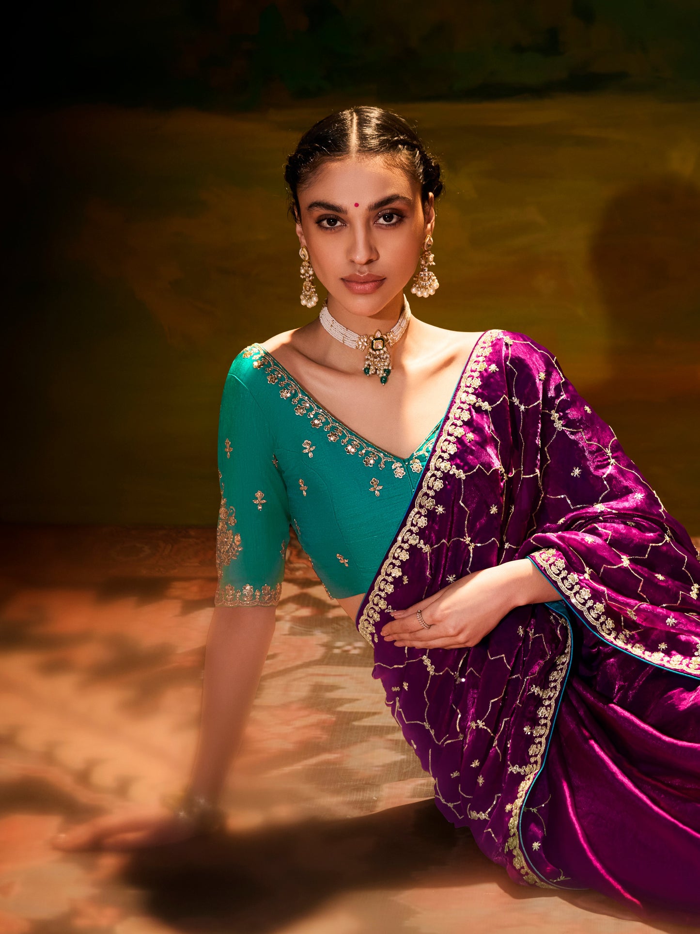 Dhiyona KM Women Maroon Designer Silk Saree With Sequin Work & Teal Blouse
