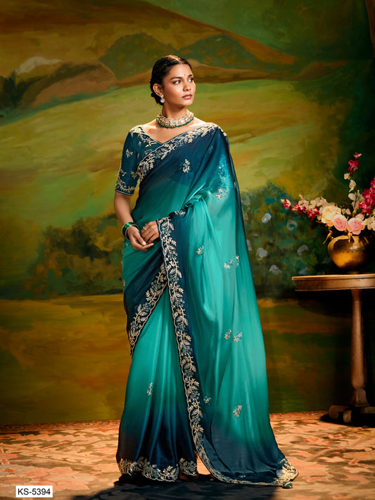Dhiyona KM Women Peacock Grace: Dual Tone Saree With Zari & Sequin Embroidery