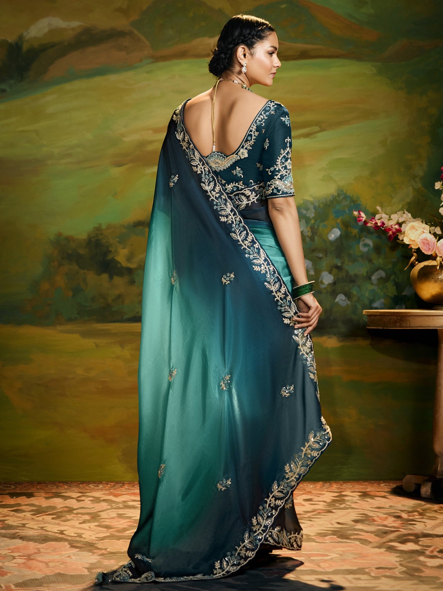 Dhiyona KM Women Peacock Grace: Dual Tone Saree With Zari & Sequin Embroidery