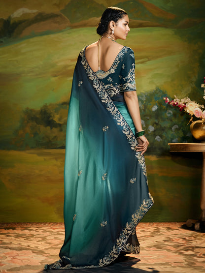 Dhiyona KM Women Peacock Grace: Dual Tone Saree With Zari & Sequin Embroidery