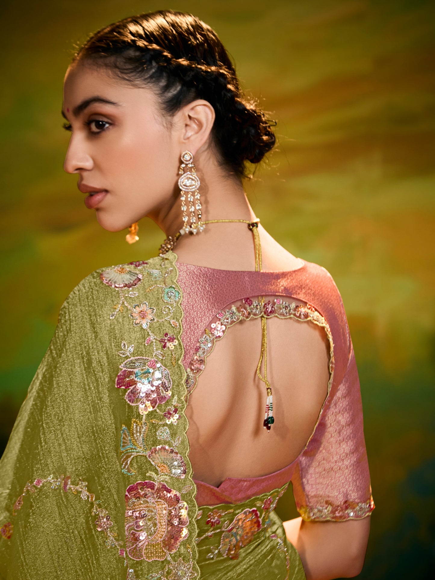 Dhiyona KM Women Olive Green Pure Silk Saree