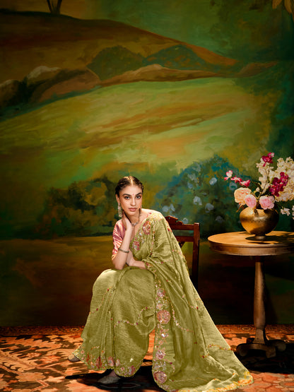 Dhiyona KM Women Olive Green Pure Silk Saree