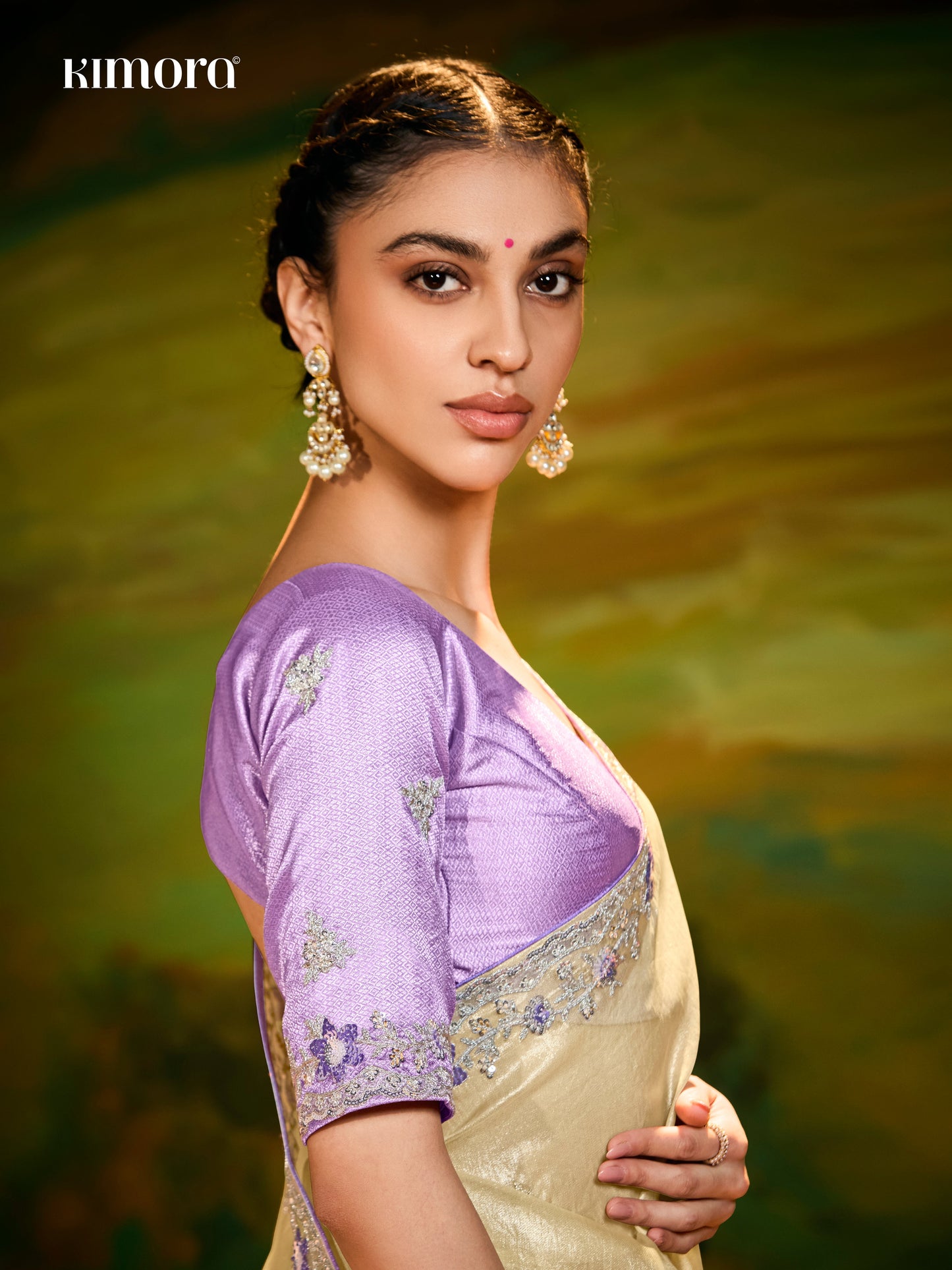 Dhiyona KM Women Pastel Yellow Saree With Silver Embroidery & Purple Blouse