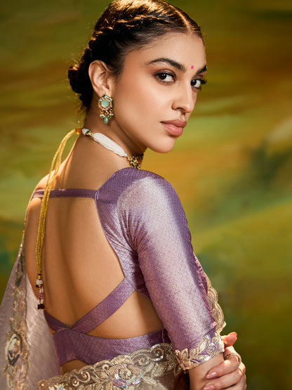 Dhiyona KM Women Graceful Gray Saree With Purple Blouse