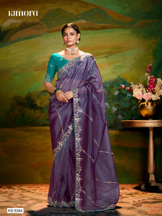 Dhiyona KM Women Lavender Organza Saree With Teal Blouse