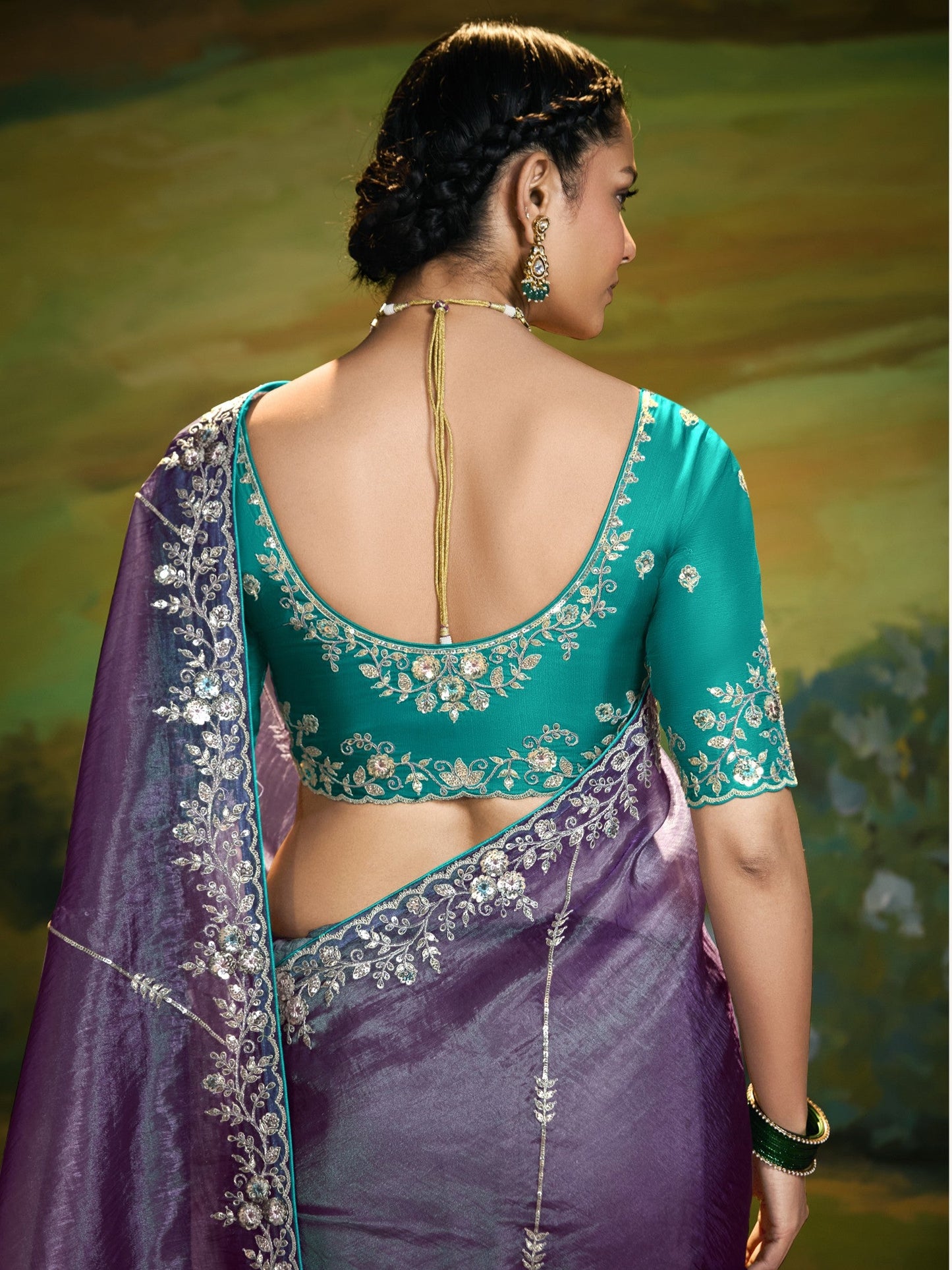 Dhiyona KM Women Lavender Organza Saree With Teal Blouse