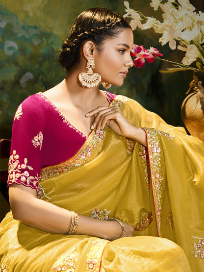 Dhiyona KM Women Sunshine Elegance: Yellow Silk Saree With Red Blouse & Colorful Embroidery