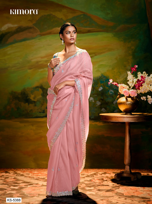 Dhiyona KM Women Embroidery Designer Peach Fancy Wedding Saree With Multi-Color Silk Blouse