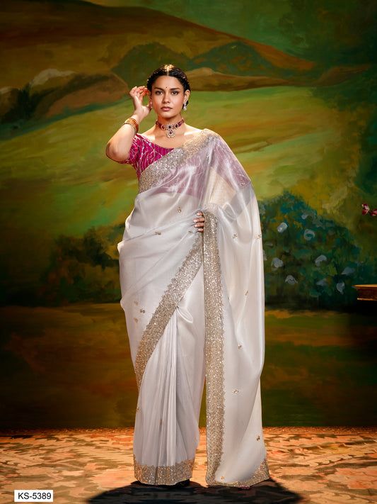 Dhiyona KM Women Off-White Organza Saree With Red Blouse