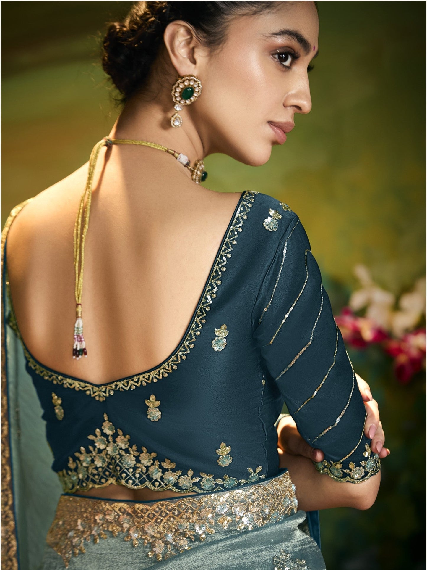Dhiyona KM Women Dark Green Fancy Embroidery Saree With Handwork
