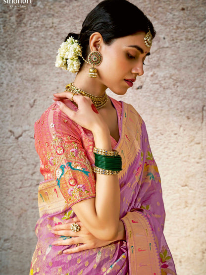 Dhiyona KM Women Royal Purple Banarasi Silk Saree With Traditional Zari Weaving