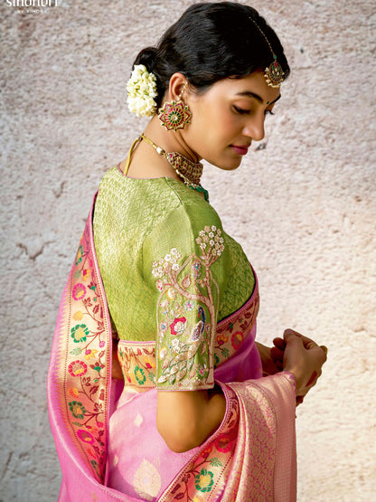 Dhiyona KM Women Graceful Pink Banarasi Silk Saree With Contrast Green Designer Blouse