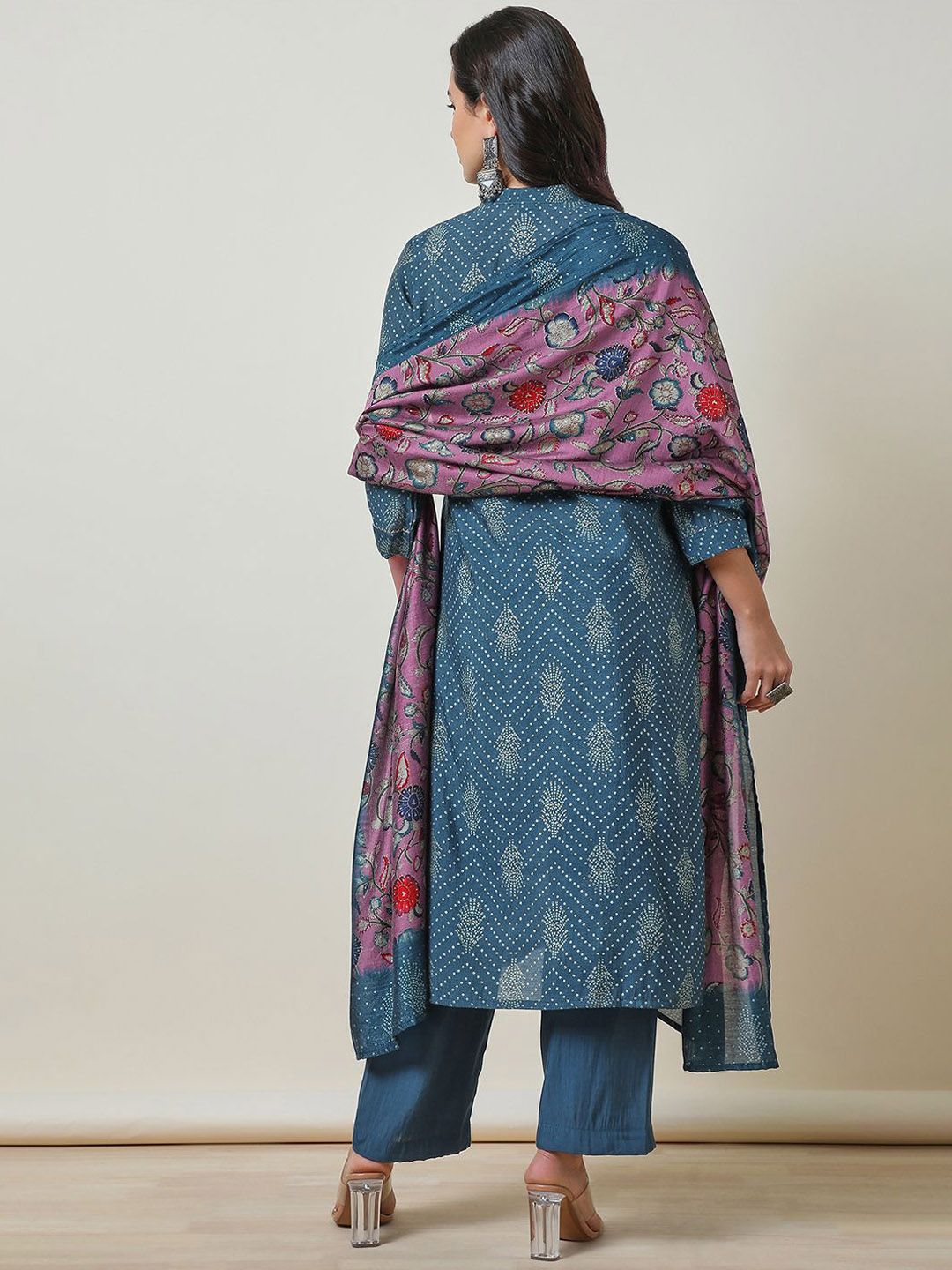 Dhiyona SO Women's Bandhani Printed Mandarin Collar Thread Work A Line Kurta with Palazzos & Dupatta