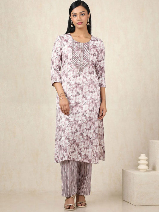 Dhiyona SO Women's Floral Printed Sequinned Straight Kurta With Trousers