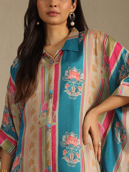 Dhiyona SO Women's Floral Printed Shirt Collar Beads And Stones Kaftan Kurta With Trousers