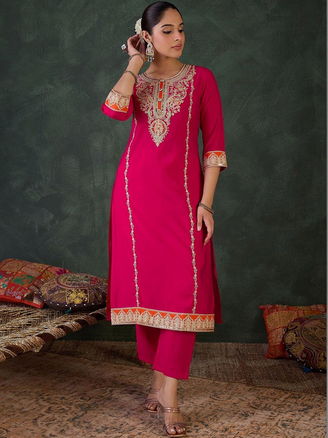Women Ethnic Motifs Embroidered Regular Thread Work Kurta with Trousers & With Dupatta