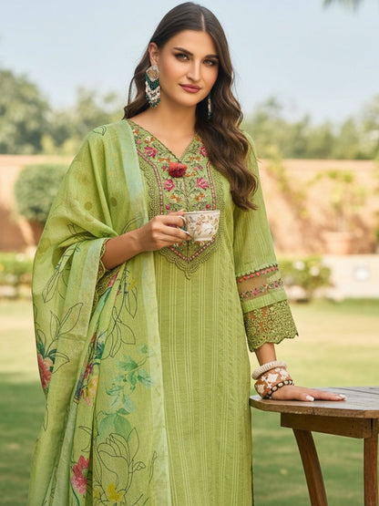 Ethnic Motifs Embroidered Thread Work Linen Kurta With Trousers & Dupatta