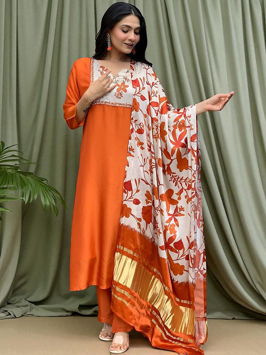Dhiyona SN Women's Floral Printed Cotton Anarkali Kurta with Trousers & Dupatta