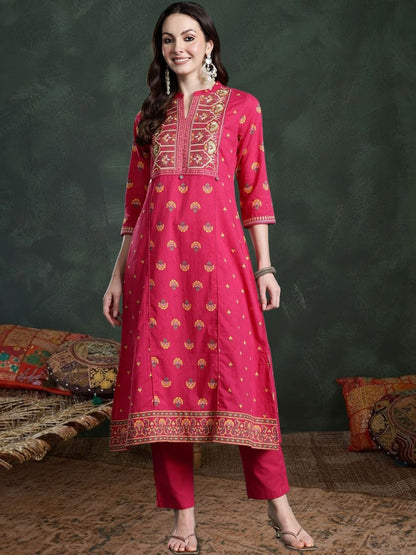 Women Ethnic Motifs Printed Panelled Thread Work Pure Cotton Kurta with Trousers