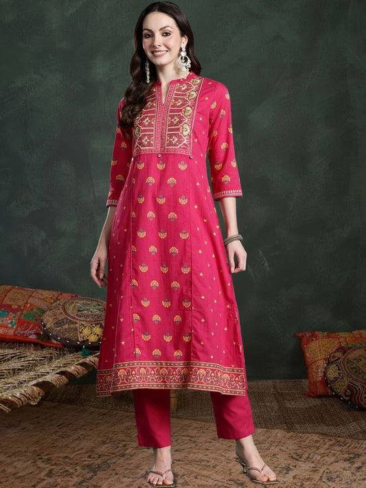 Women Ethnic Motifs Printed Panelled Thread Work Pure Cotton Kurta with Trousers