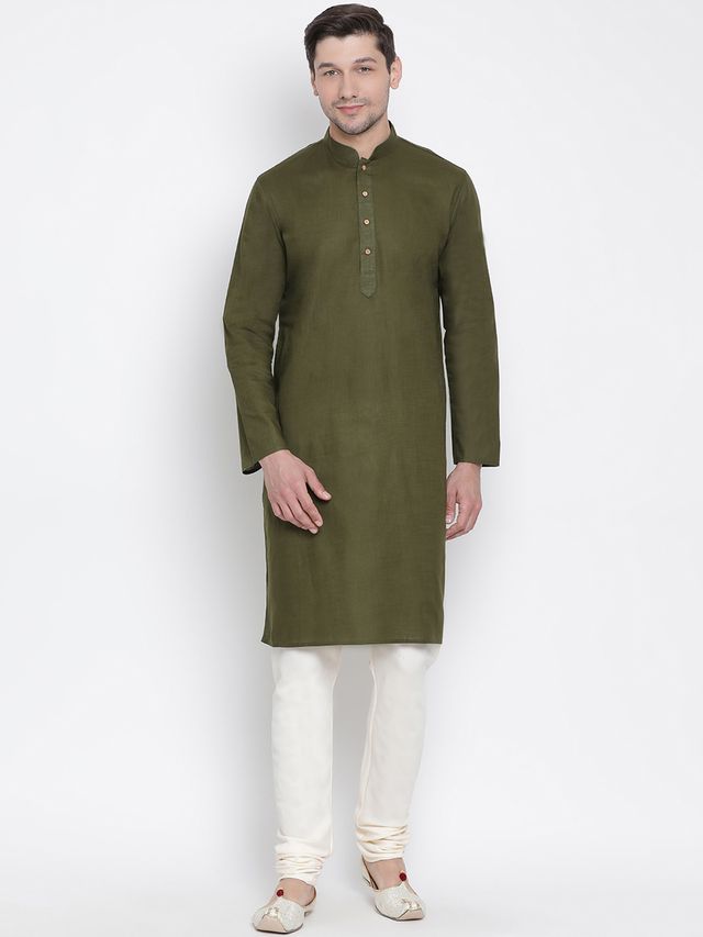 Men's Green Cotton Linen Straight Kurta Pyjama Set
