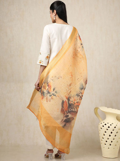 Dhiyona SO Women's Floral Embroidered Thread Work Round Neck Straight Kurta With Trousers & Dupatta