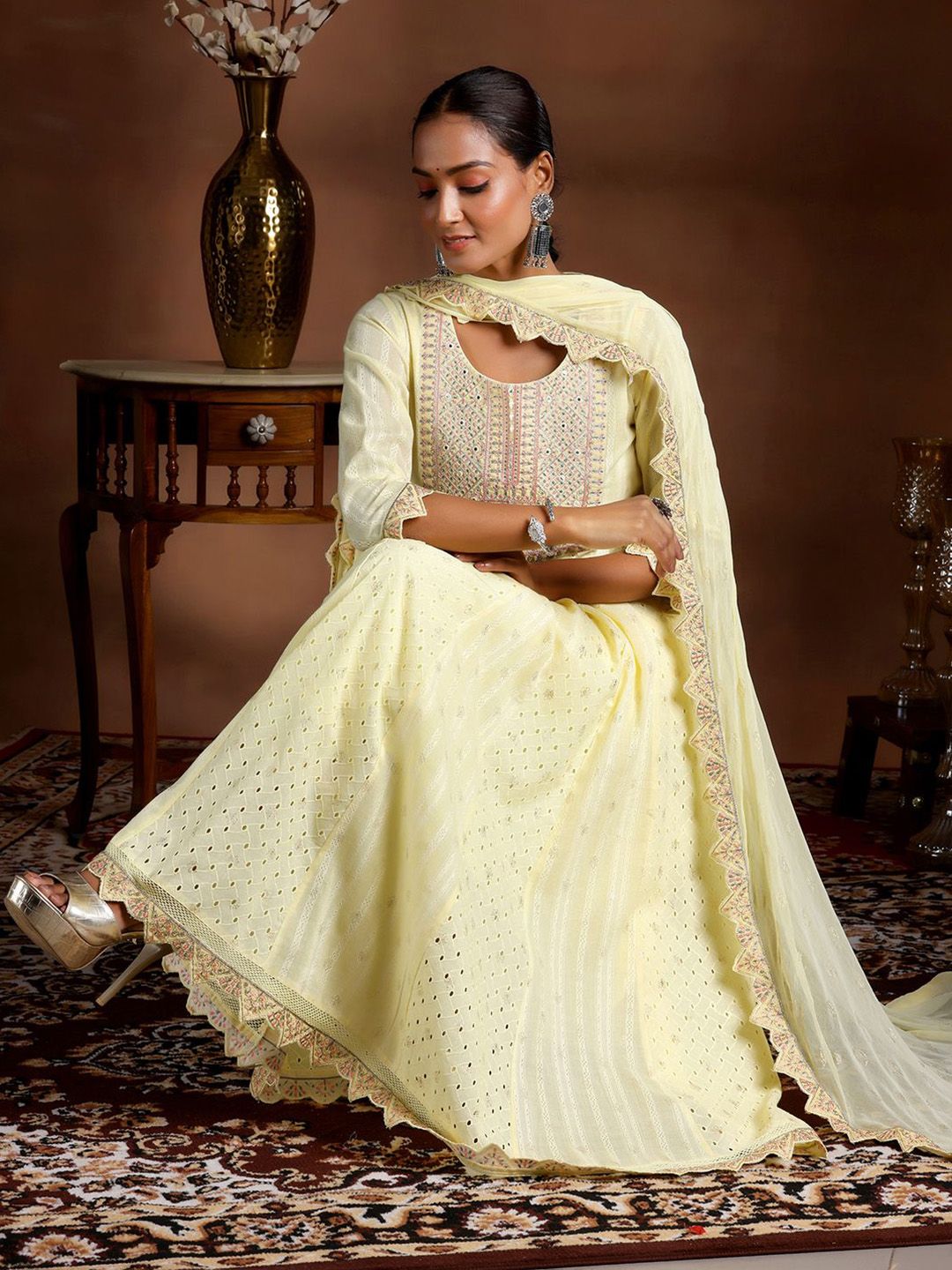 Dhiyona LB Women's Ethnic Motif Embroidered Sequinned Pure Cotton Anarkali Kurta With Trouser & Dupatta