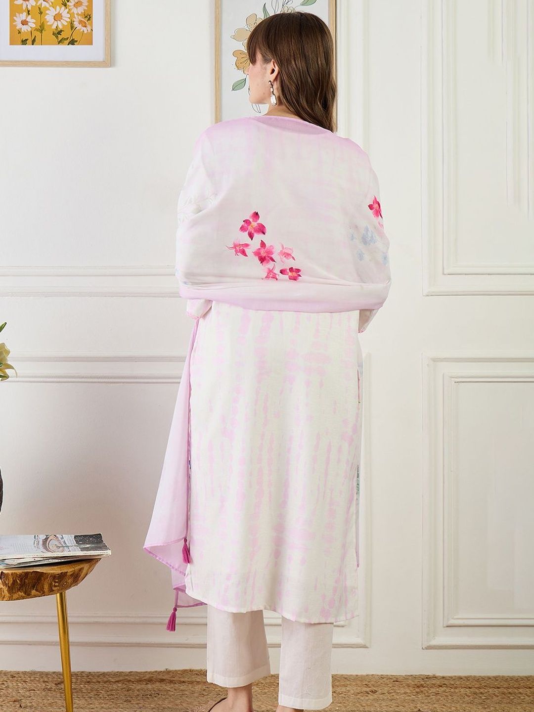 Women Floral Printed Linen Kurta with Trousers & Dupatta