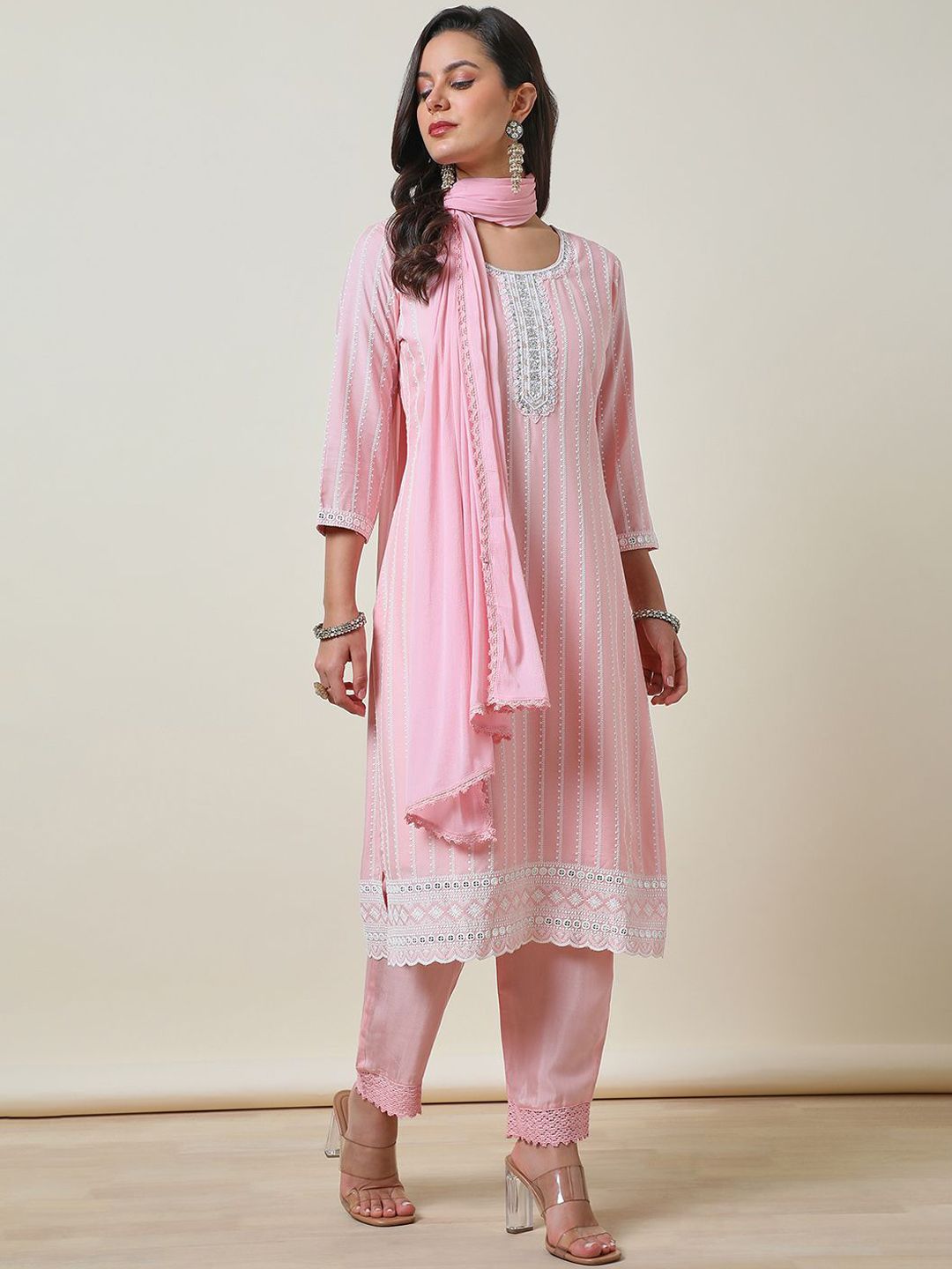 Dhiyona SO Women's Embroidered Thread Work Straight Kurta with Trousers & Dupatta