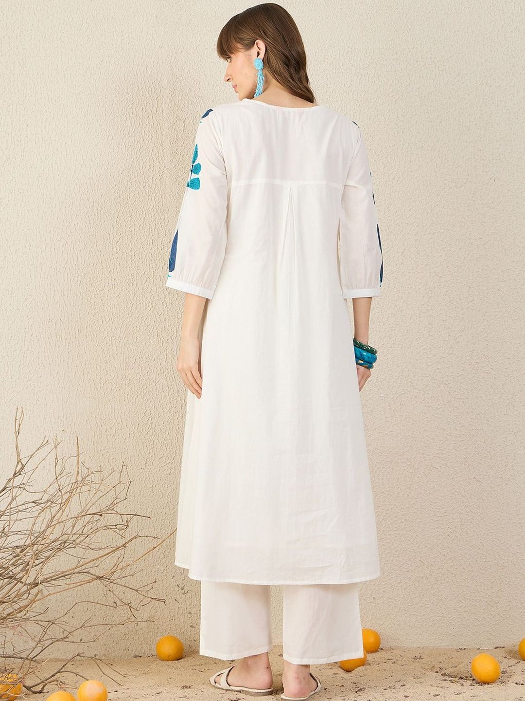 Floral Printed Panelled V-Neck Mirror Work A-Line Pure Cotton Kurta with Palazzos