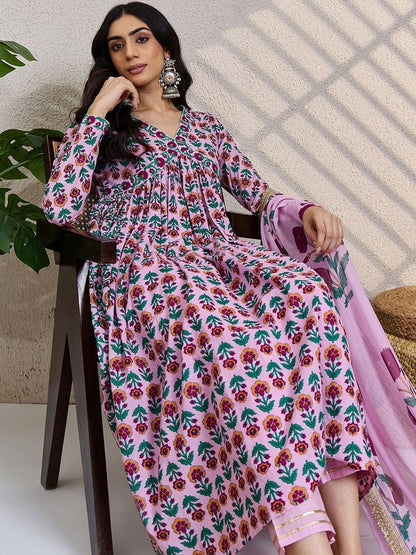 Women Floral Printed Empire Pure Cotton Kurta with Trousers & With Dupatta