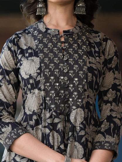 Dhiyona VA Women's Floral Printed Panelled Mirror Work Kurta with Trousers & With Dupatta