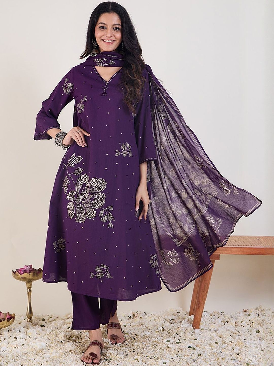 Floral Printed A-Line Pure Cotton Kurta With Trousers & Dupatta