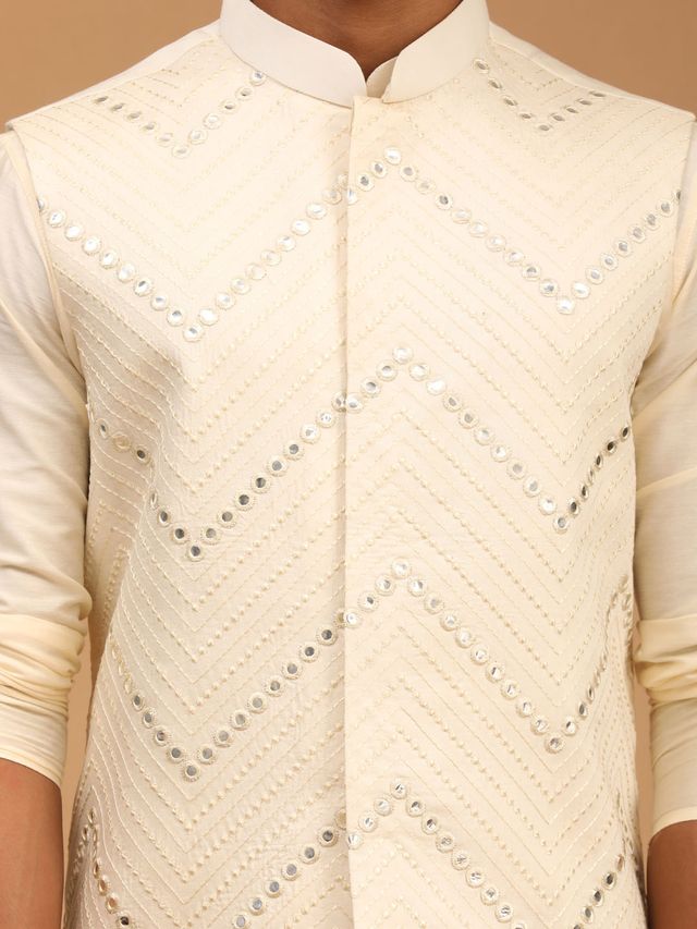 Men's Cream Viscose Straight Jacket  Kurta and Pyjama Set