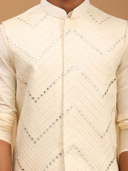 Men's Cream Viscose Straight Jacket  Kurta and Pyjama Set