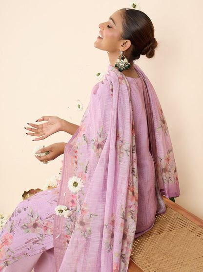 Women Floral Printed Regular Thread Work Linen Kurta with Trousers & With Dupatta